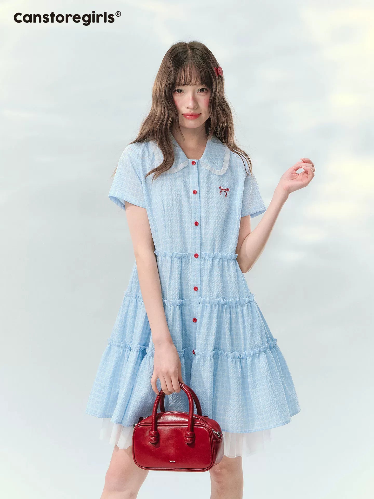 Blue checkered bow embroidered cake dress