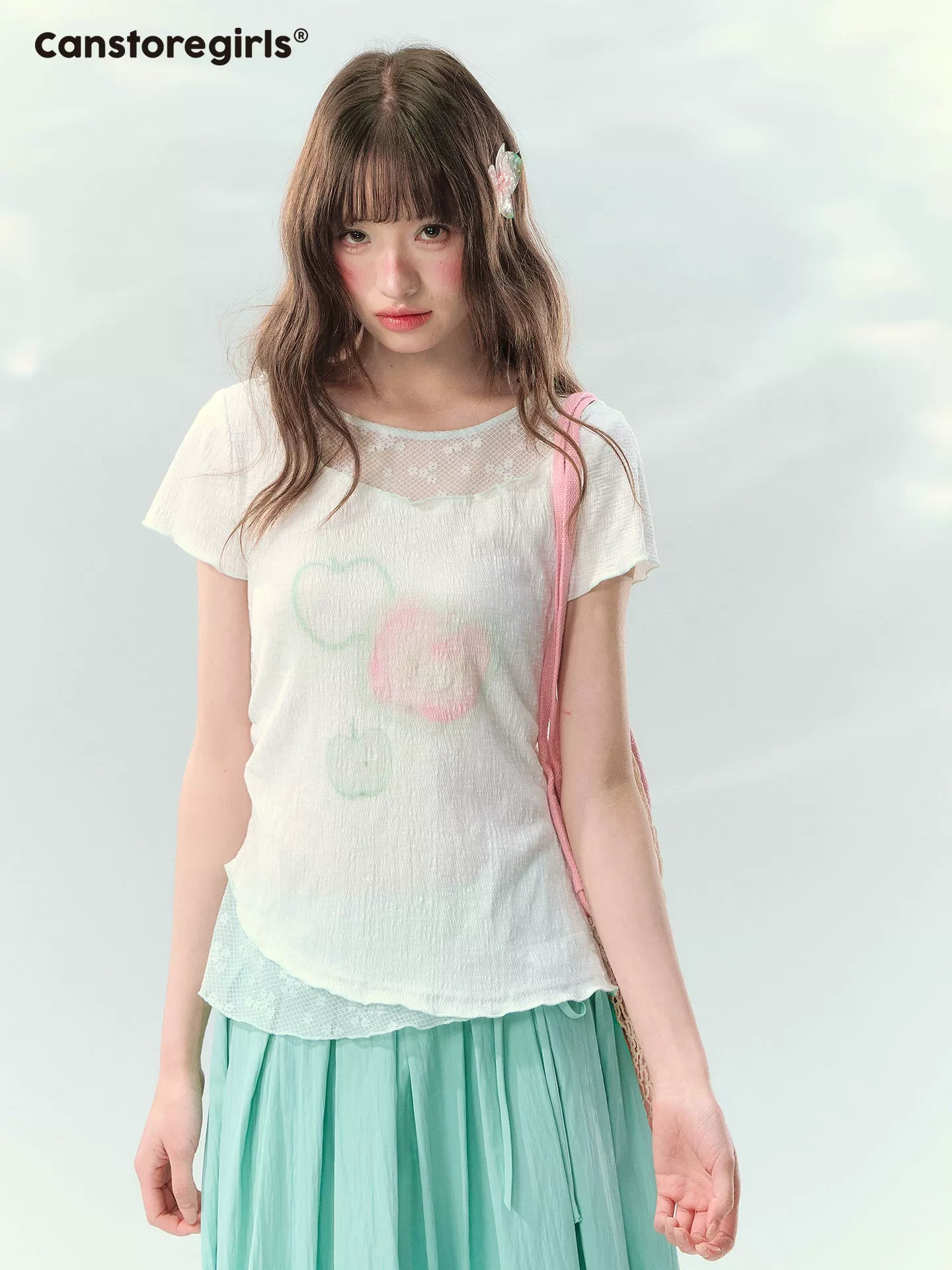 Apple print t-shirt with sheer mesh detail