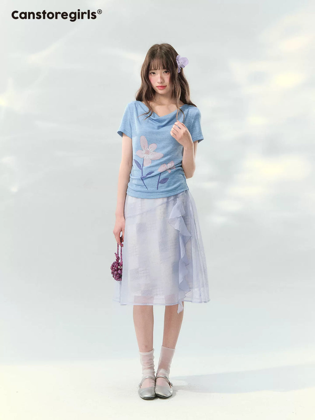 Light purple floral print top and skirt set