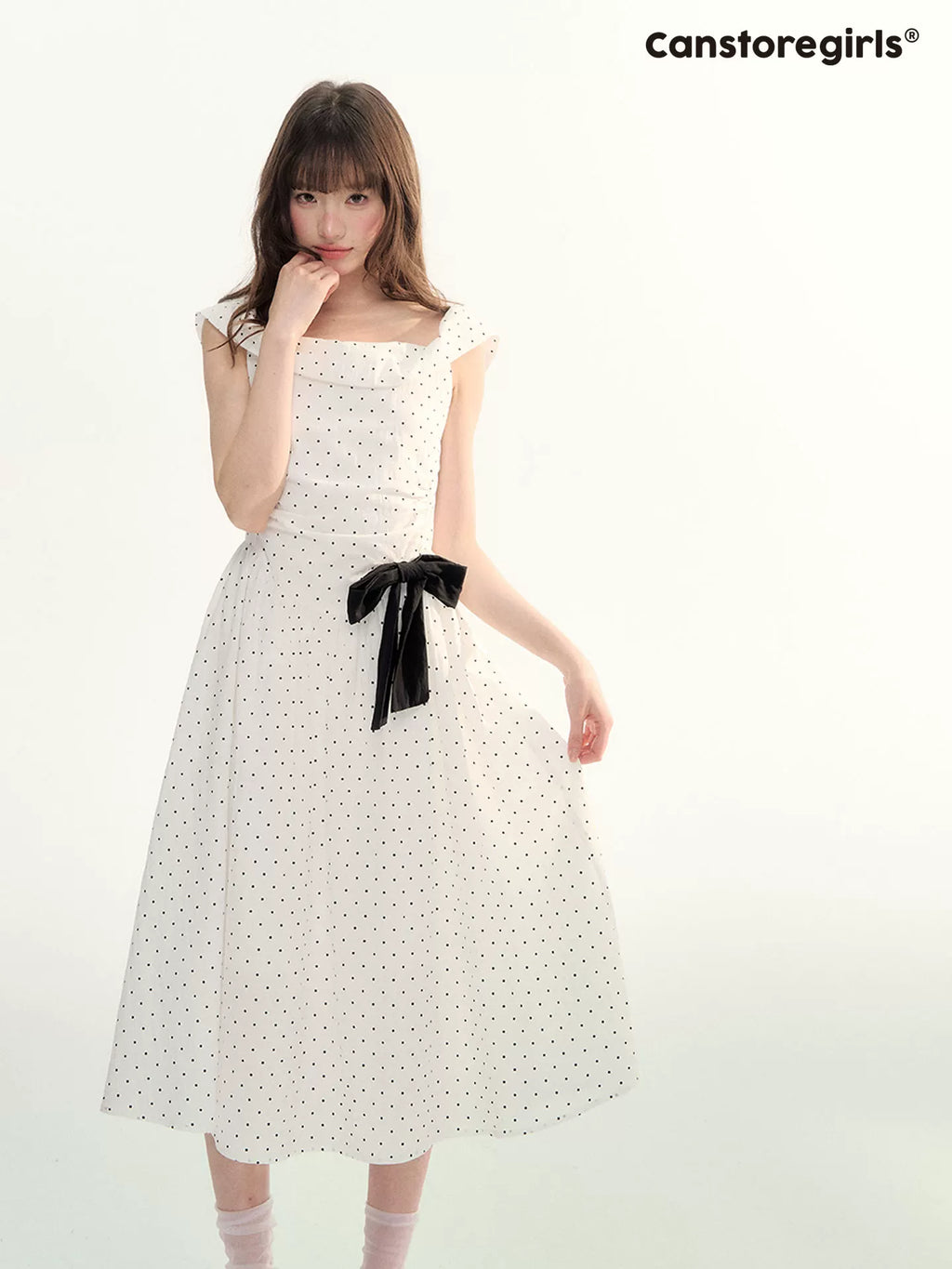 Polka dot a-line dress with waist detail