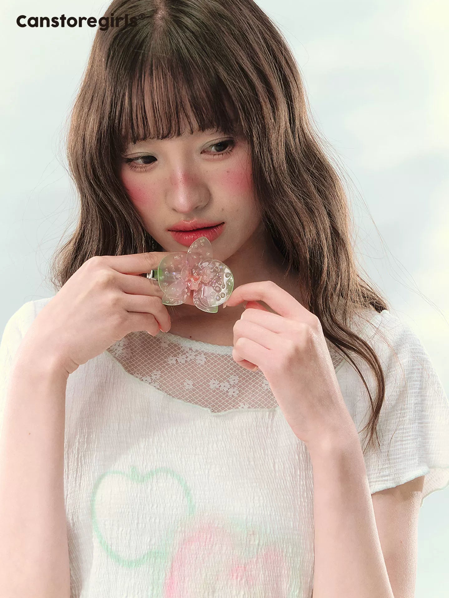 Apple print t-shirt with sheer mesh detail