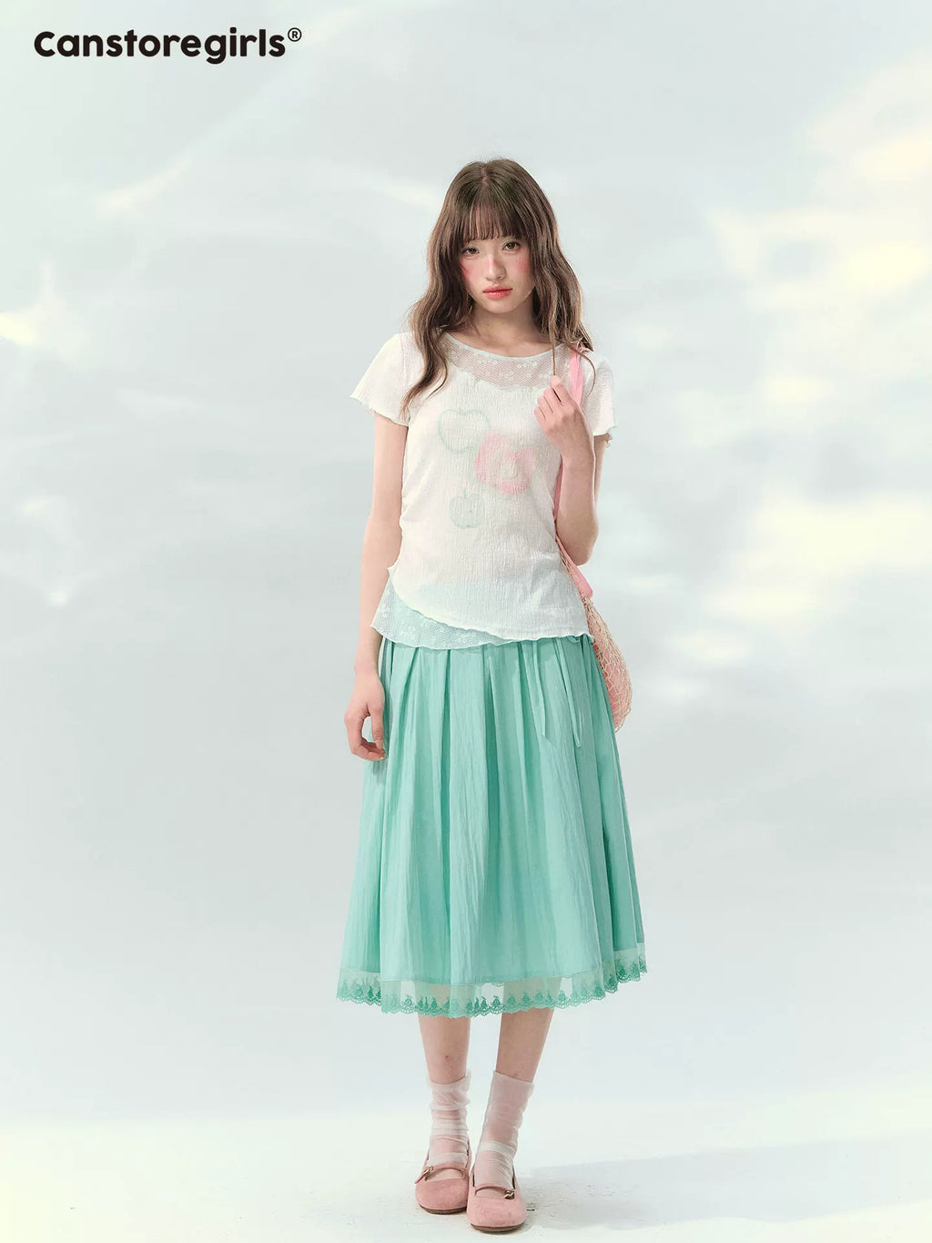 Mint high waist lace trim pleated midi skirt