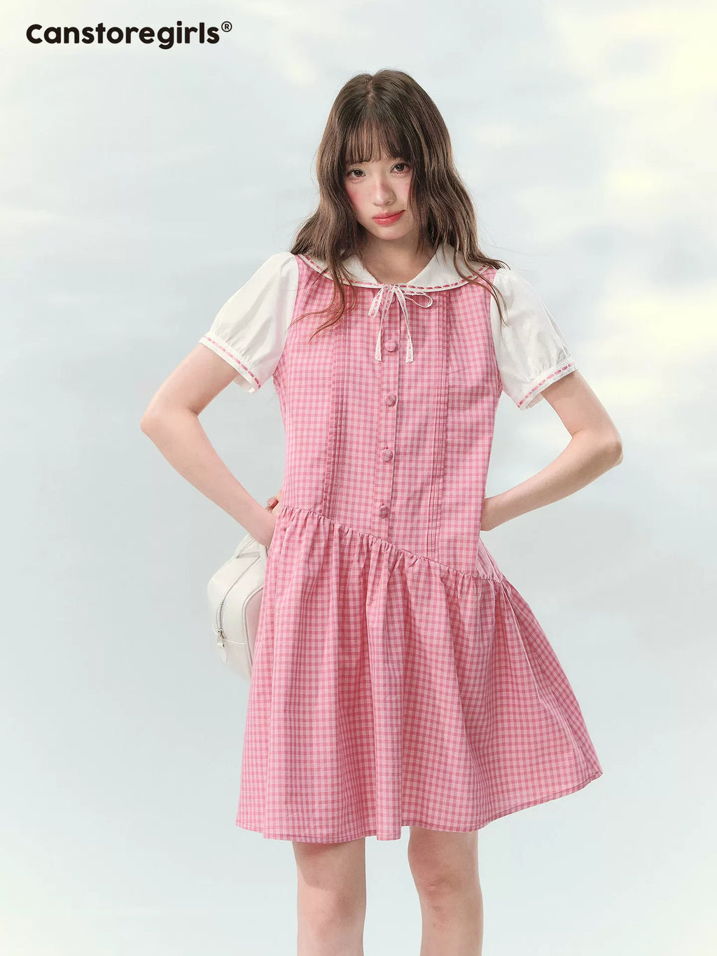 Pink colorblock a-line dress with puff sleeves