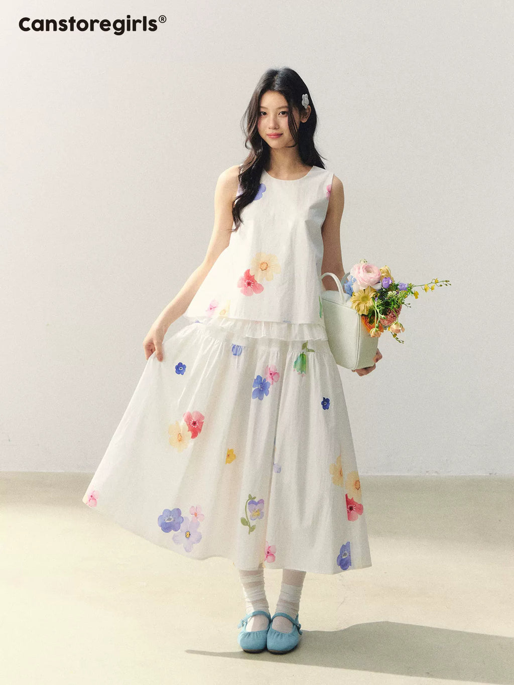 Floral print sleeveless top and skirt set