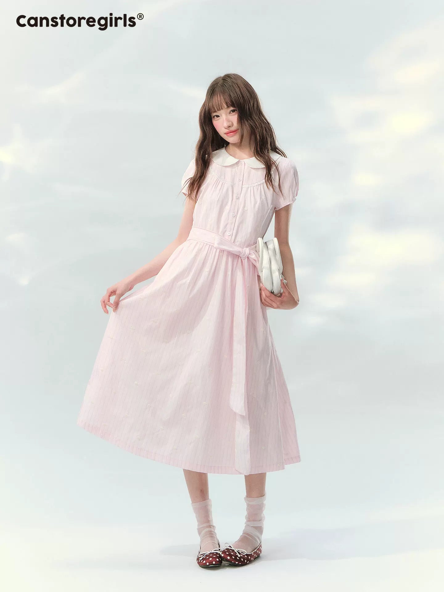 Pink doll collar embroidered tie waist a-line dress