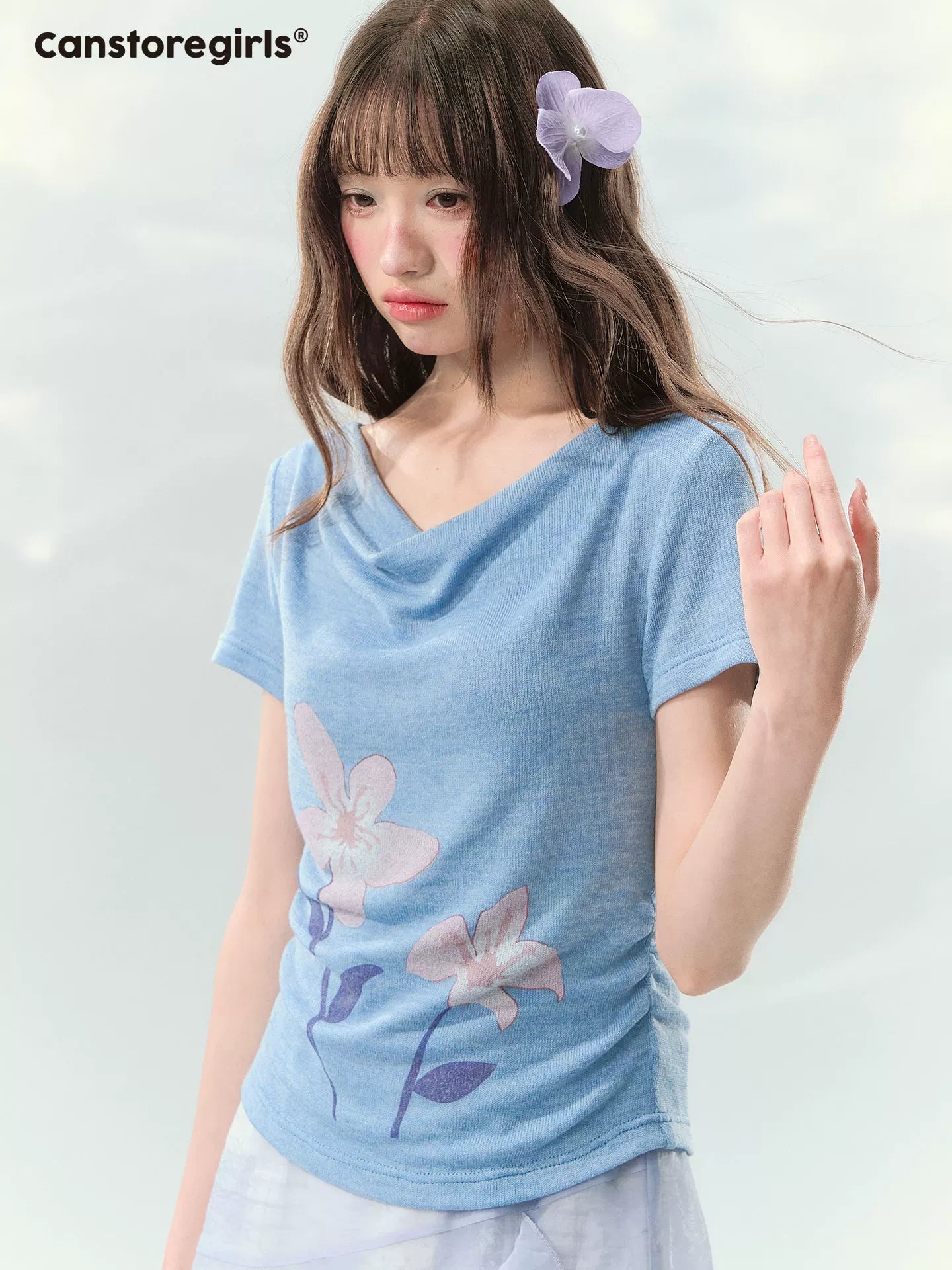 Light purple floral print top and skirt set