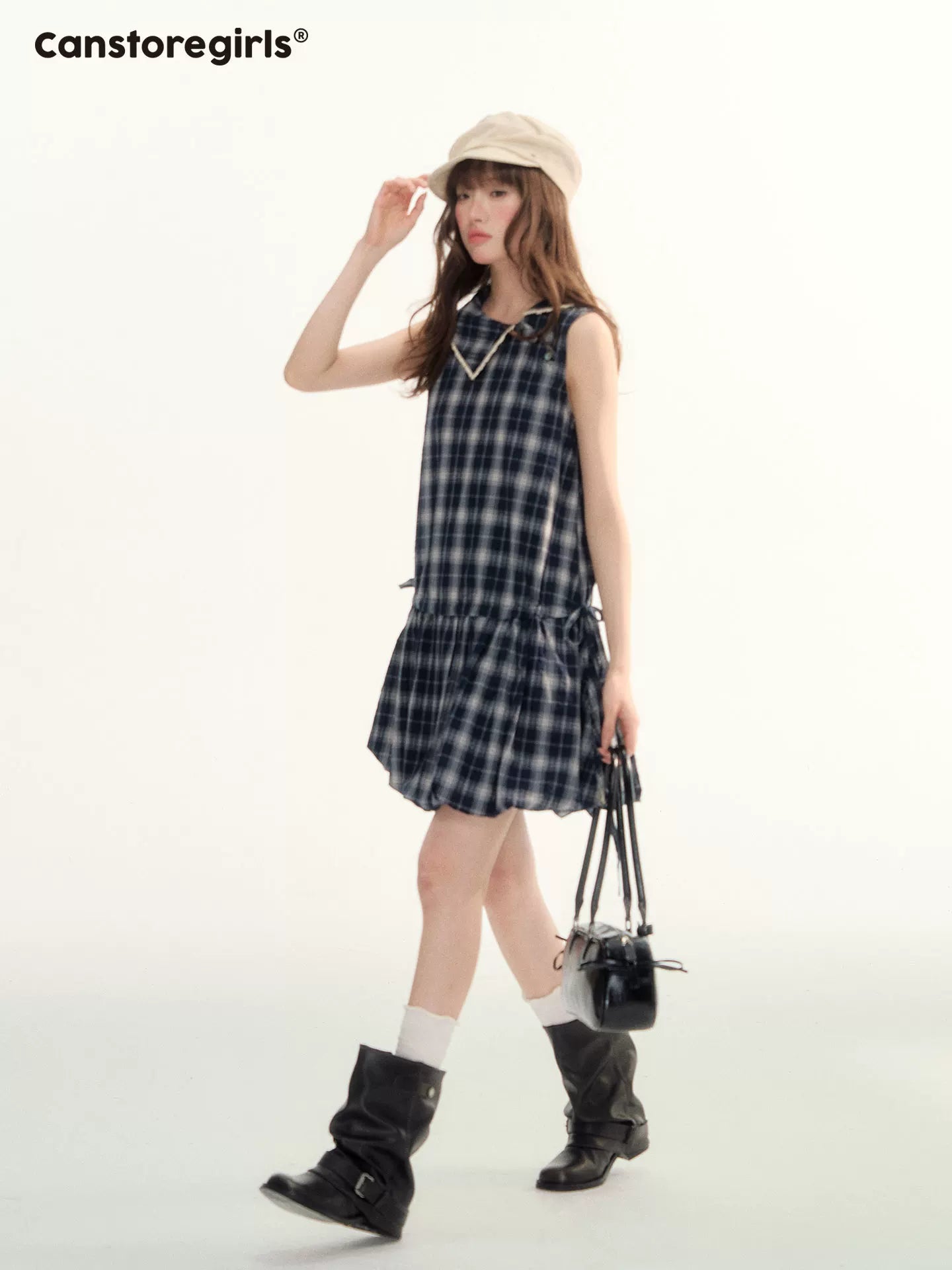 レーストリム付きチェック柄ペプラムスリーブレスドレス