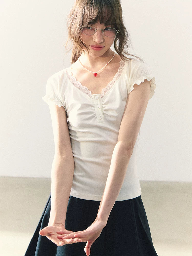 Red lace v-neck short sleeve knit top