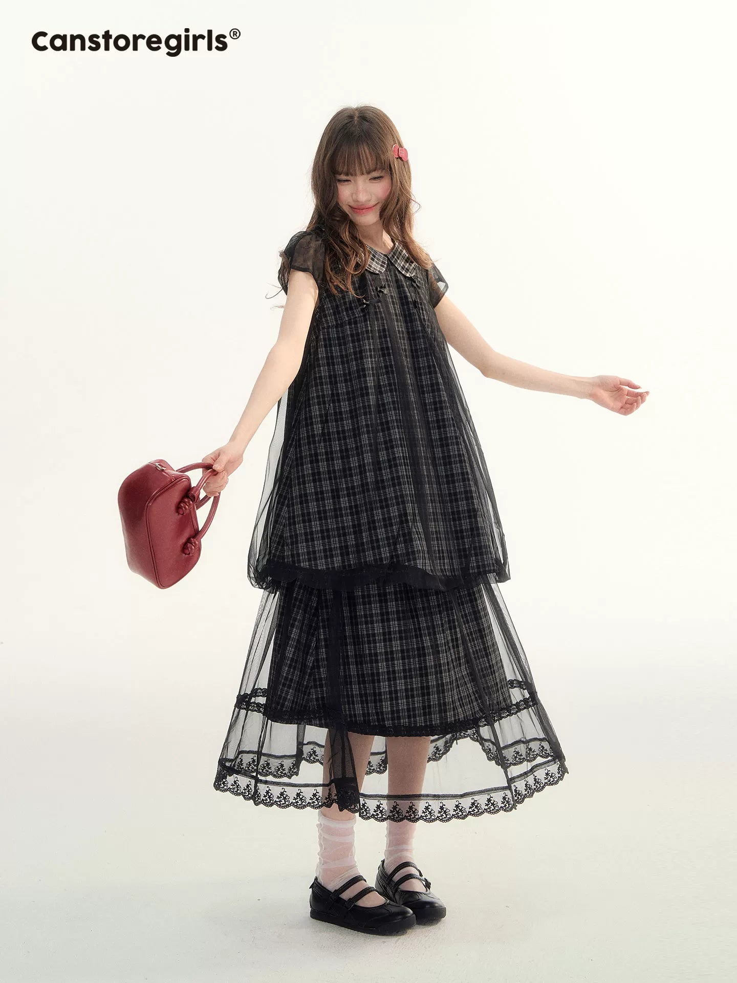 ブラックチェックのメッシュトップス＆スカートセット