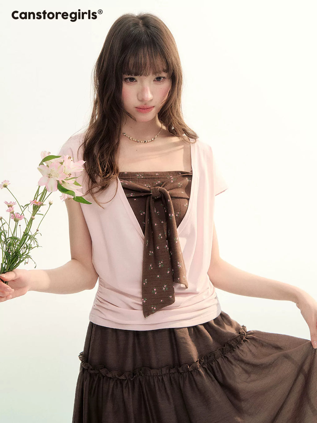 Light pink and coffee bow top & tank set