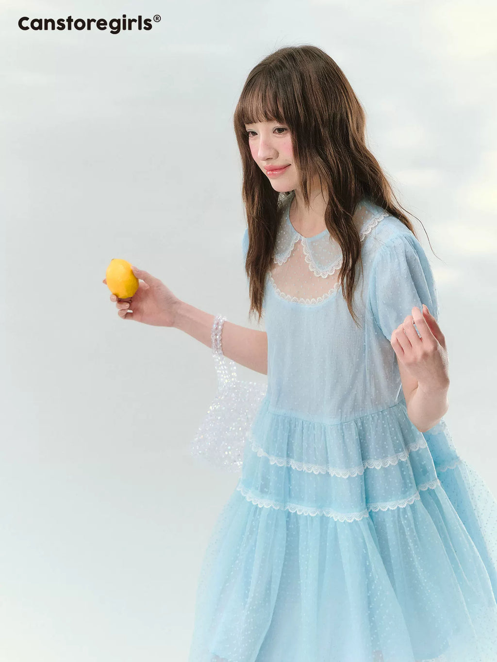 Ice blue polka dot mesh lace cake dress