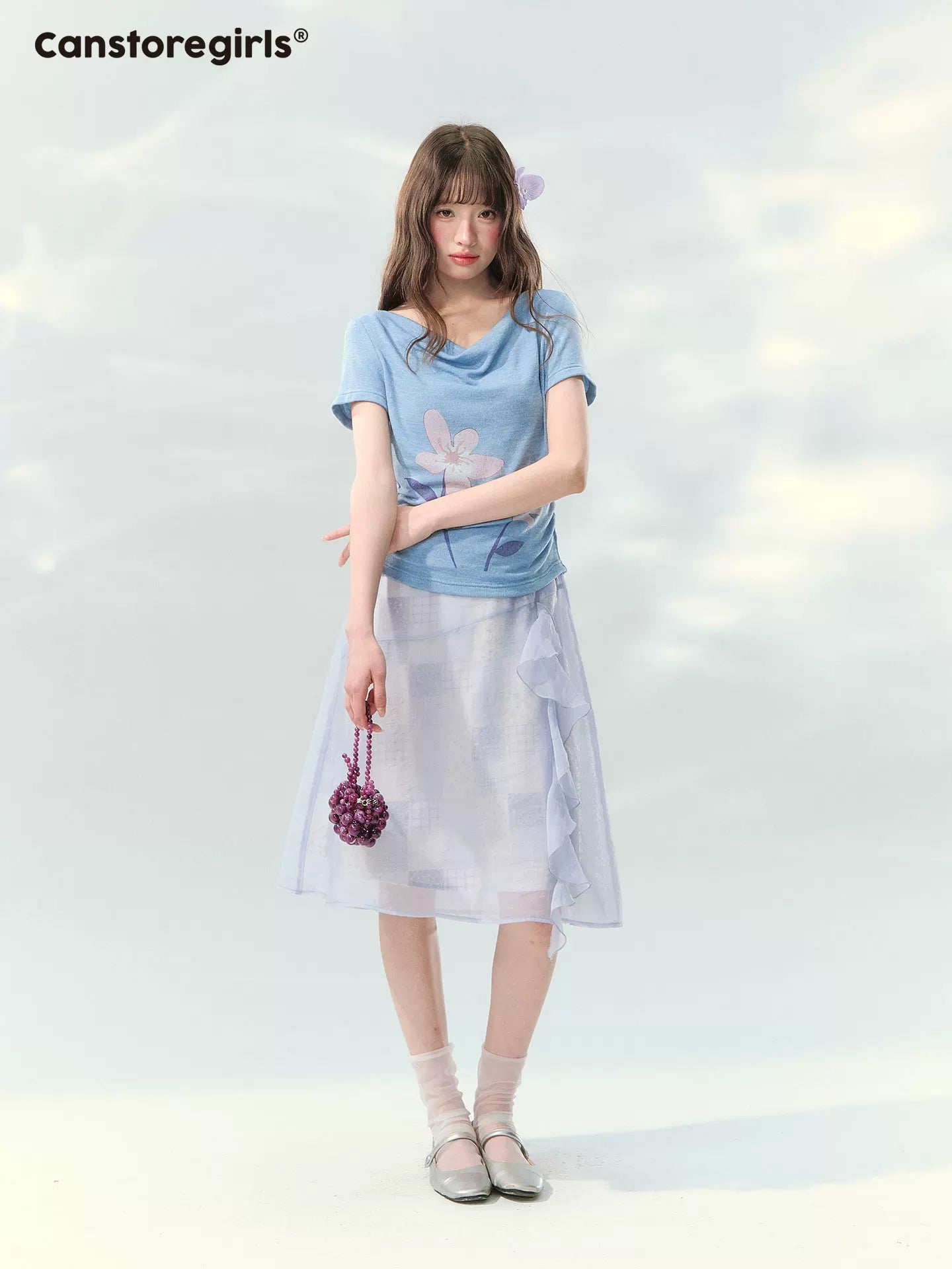 Light purple floral print top and skirt set