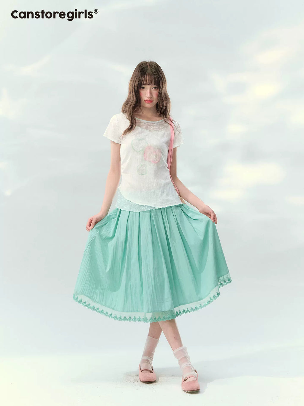 Mint high waist lace trim pleated midi skirt