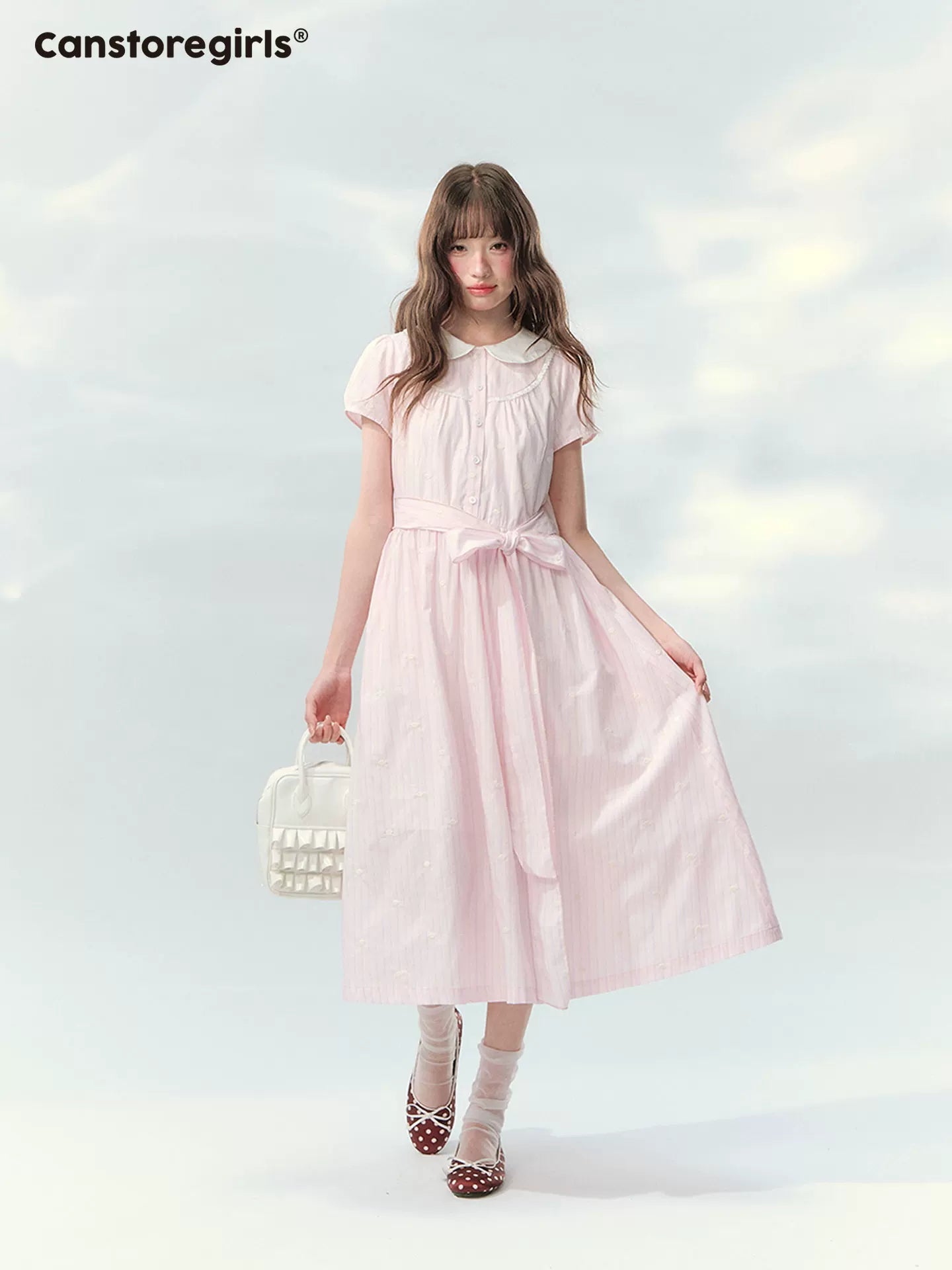 Pink doll collar embroidered tie waist a-line dress