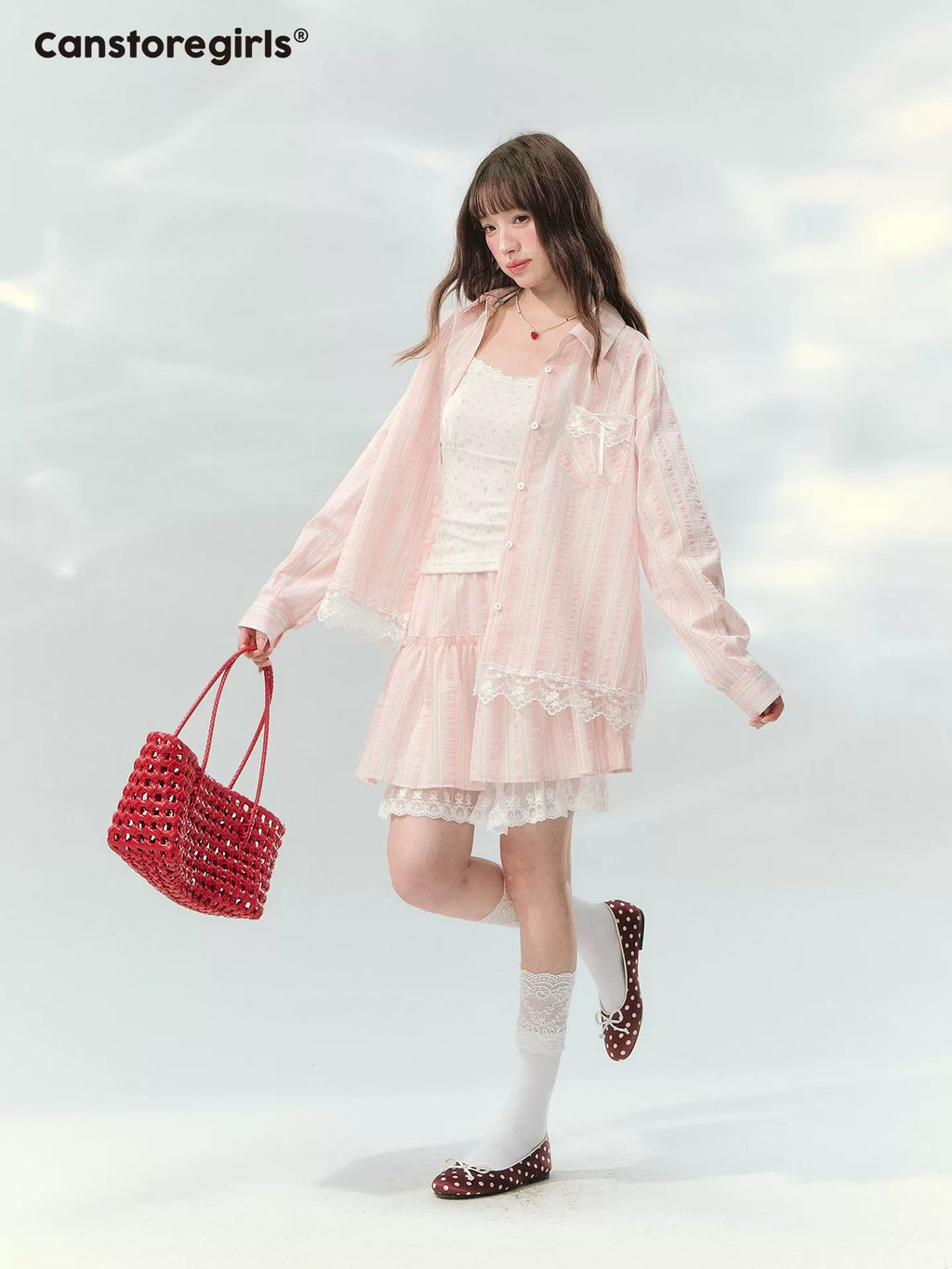 Pink striped lace trim top and skirt set