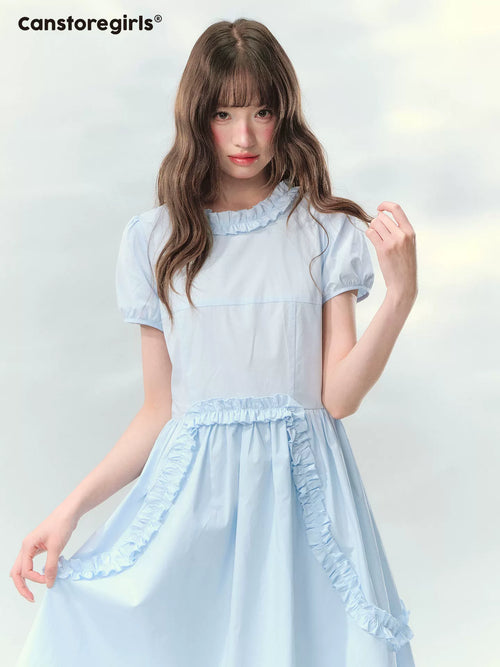 Blue ruffled dress with puff sleeves and waist detail