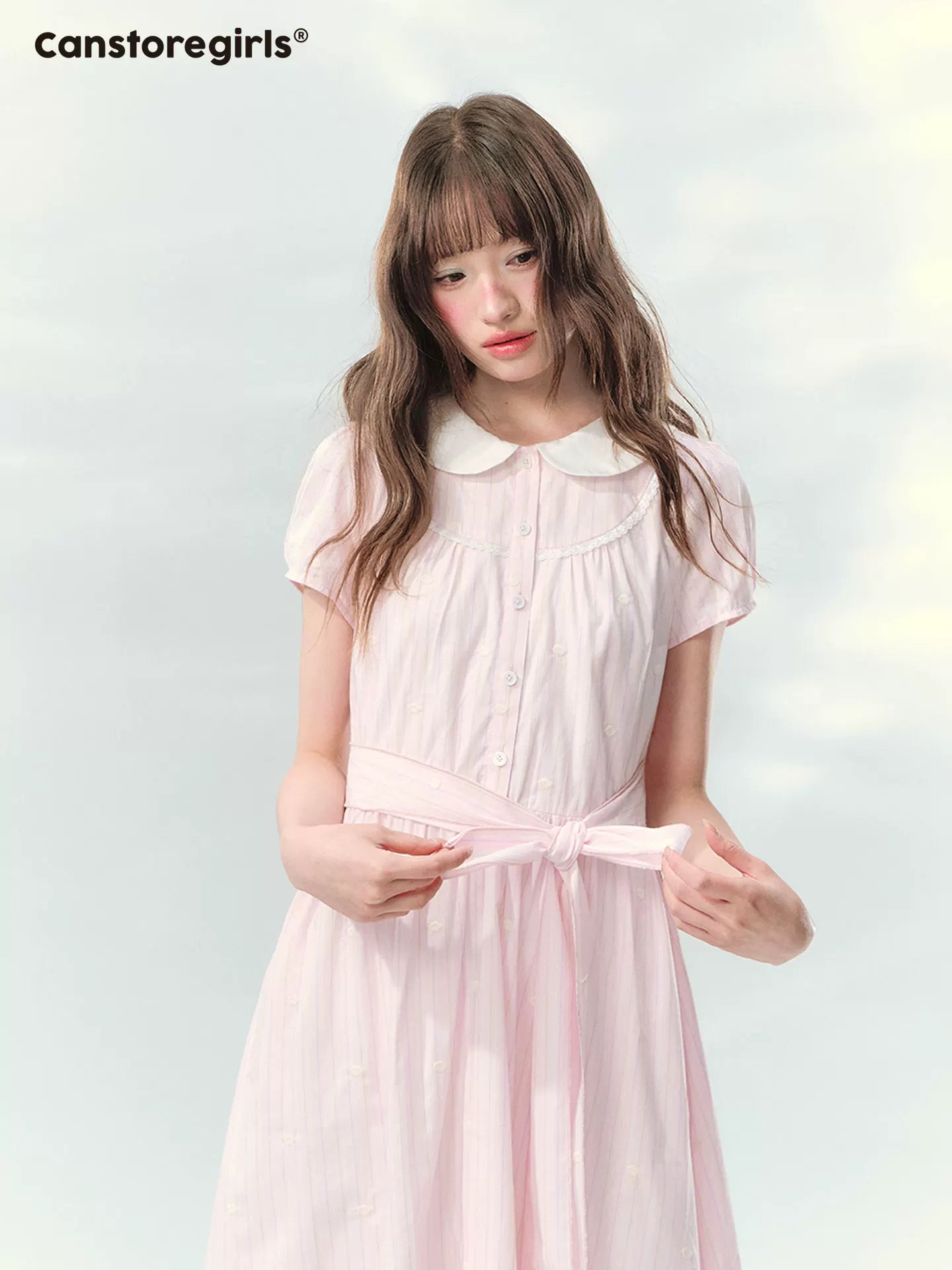 Pink doll collar embroidered tie waist a-line dress