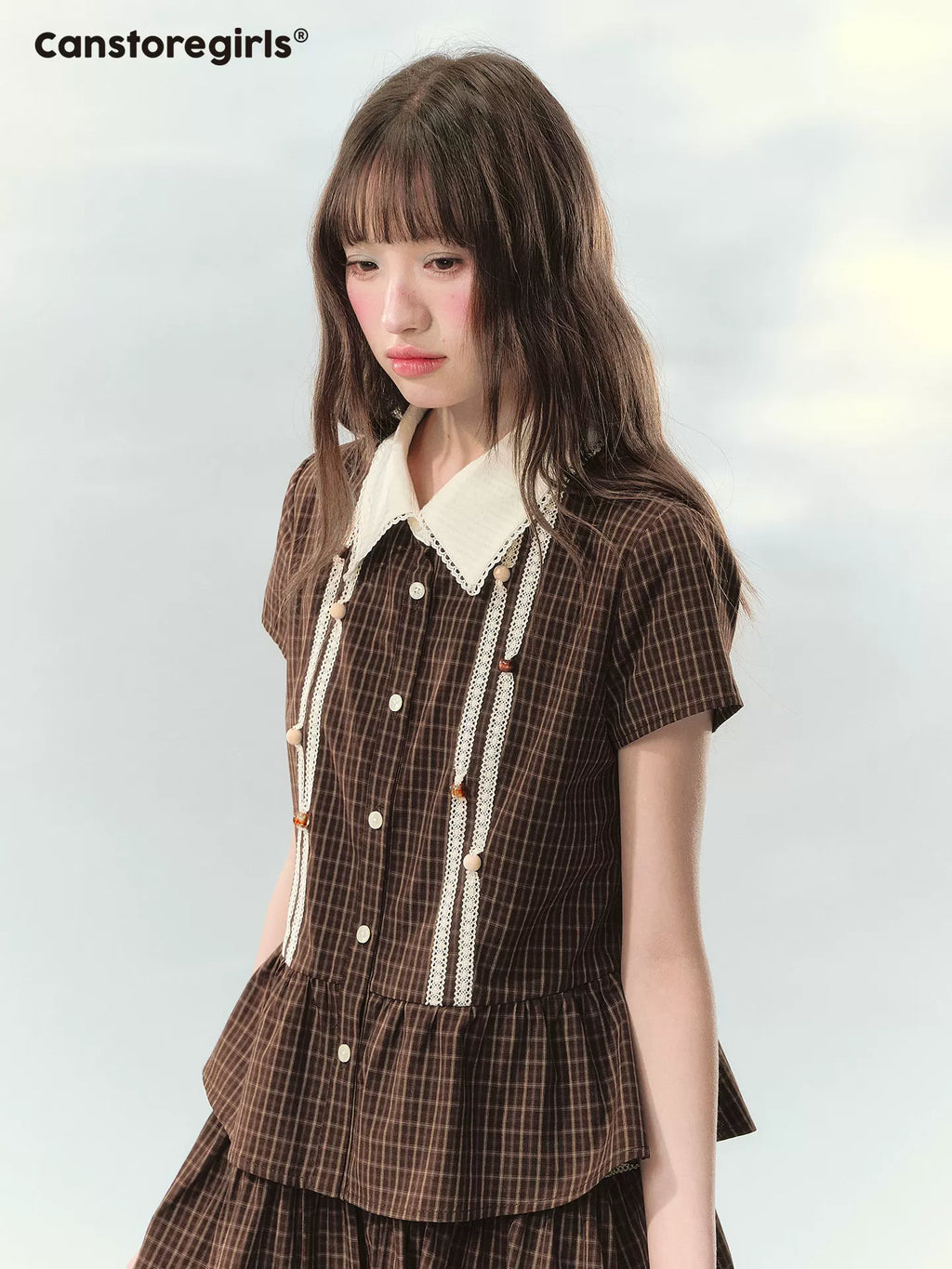 Caramel checkered top and skirt set