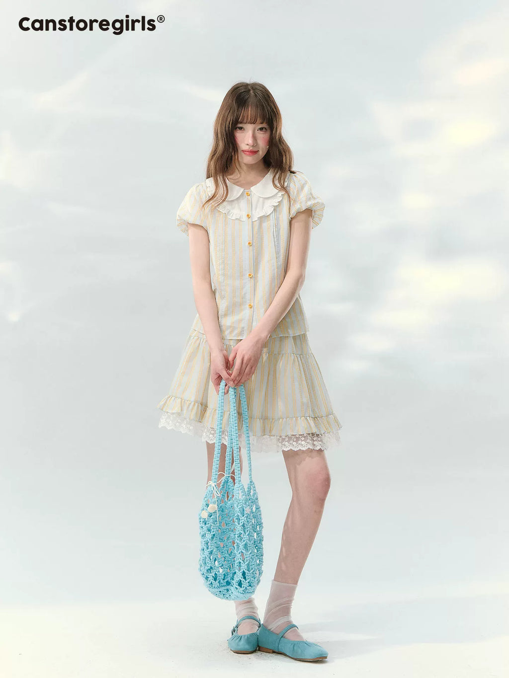 Striped short sleeve shirt and lace skirt set
