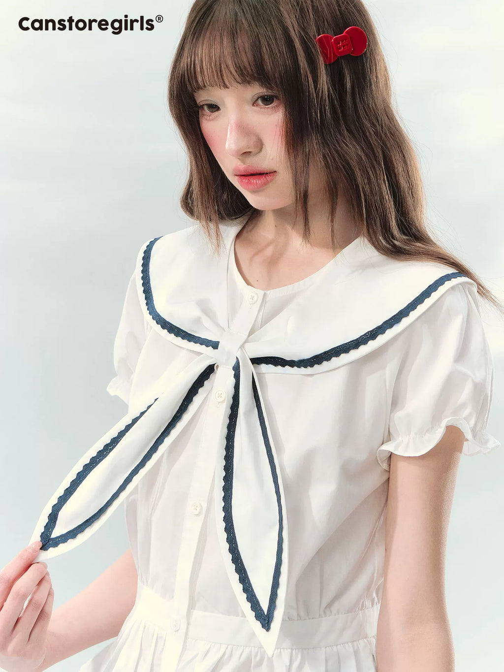 Navy collar lace trim short sleeve skirt and top set