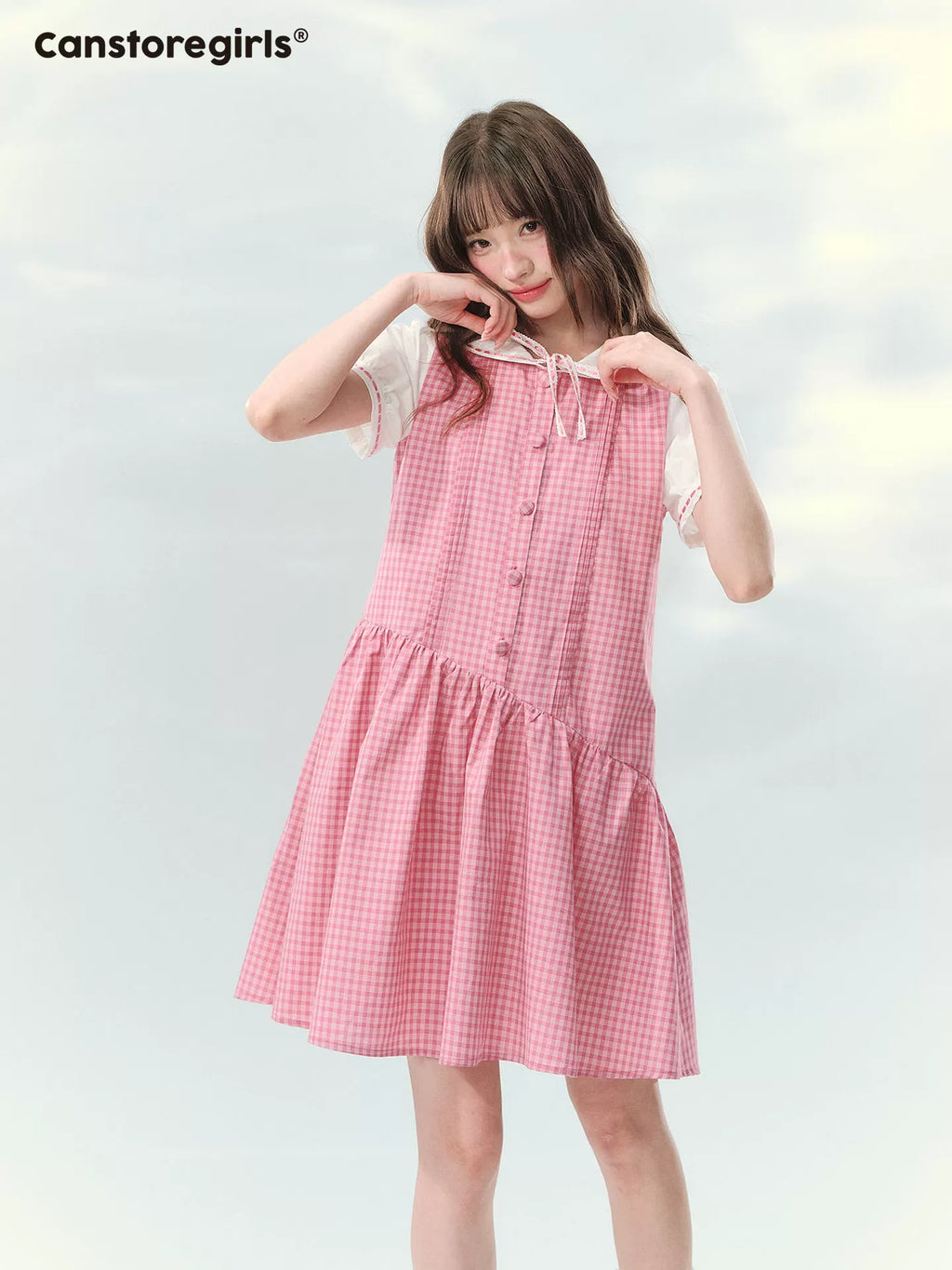 Pink colorblock a-line dress with puff sleeves