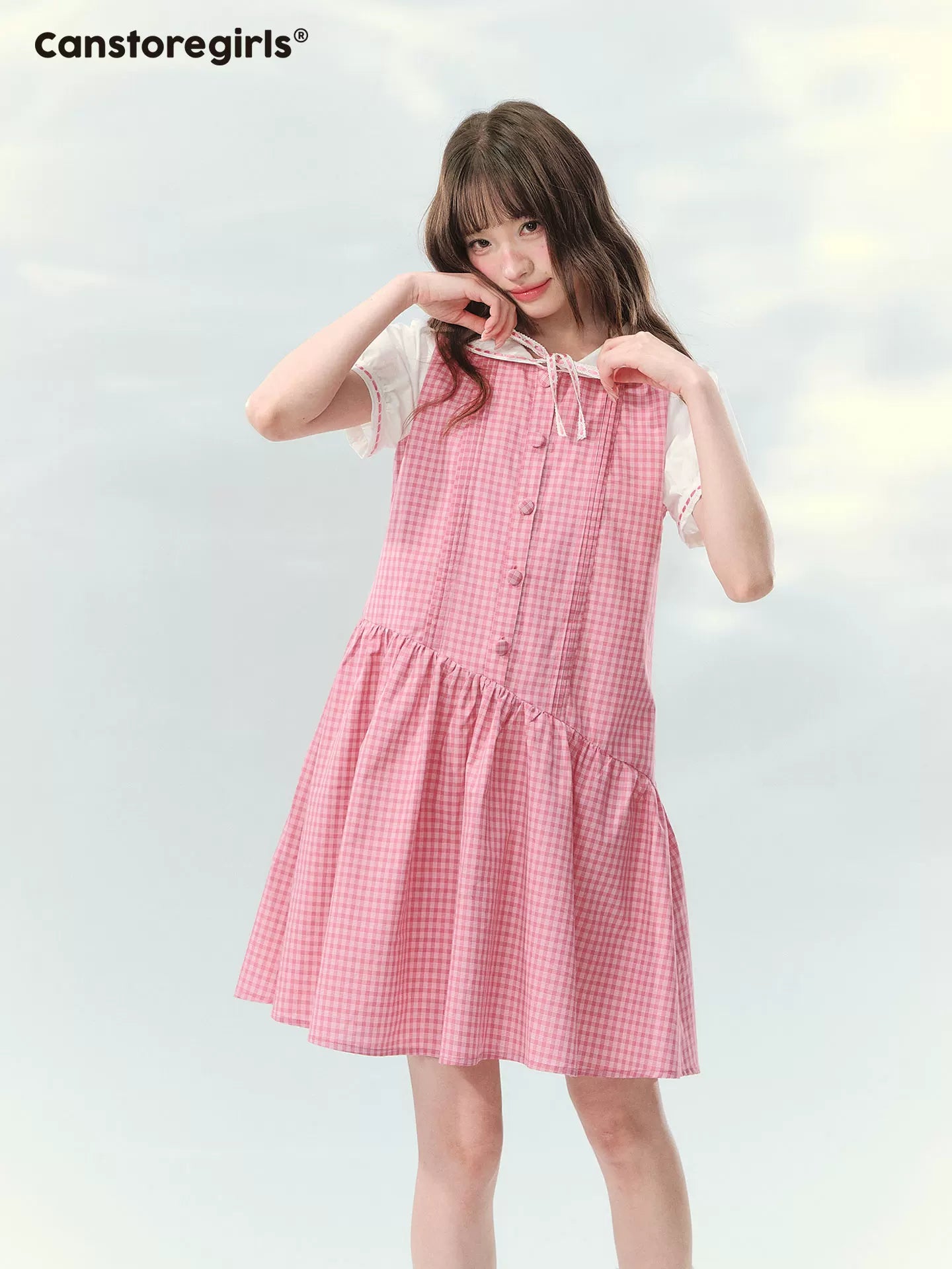 Pink colorblock a-line dress with puff sleeves