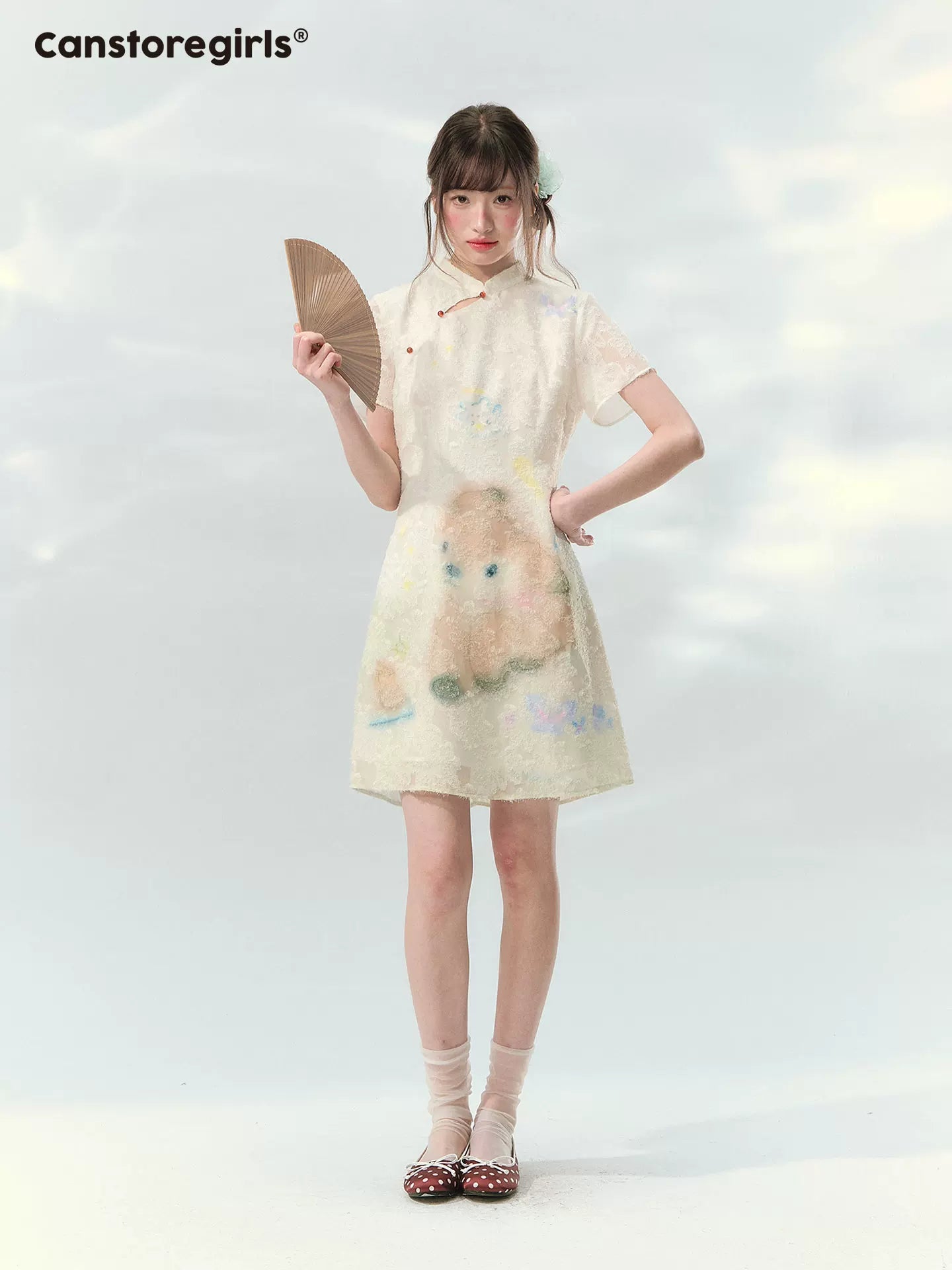 Short velvet deer print qipao dress