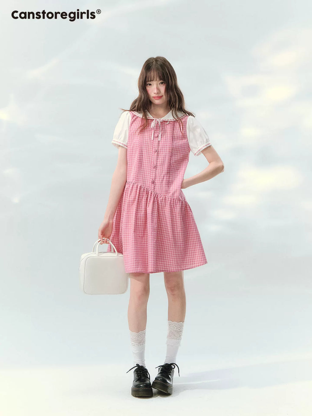 Pink colorblock a-line dress with puff sleeves