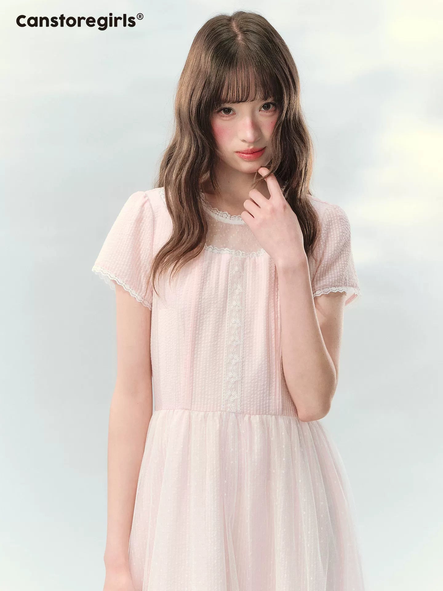 Pink polka dot lace dress with waist tie
