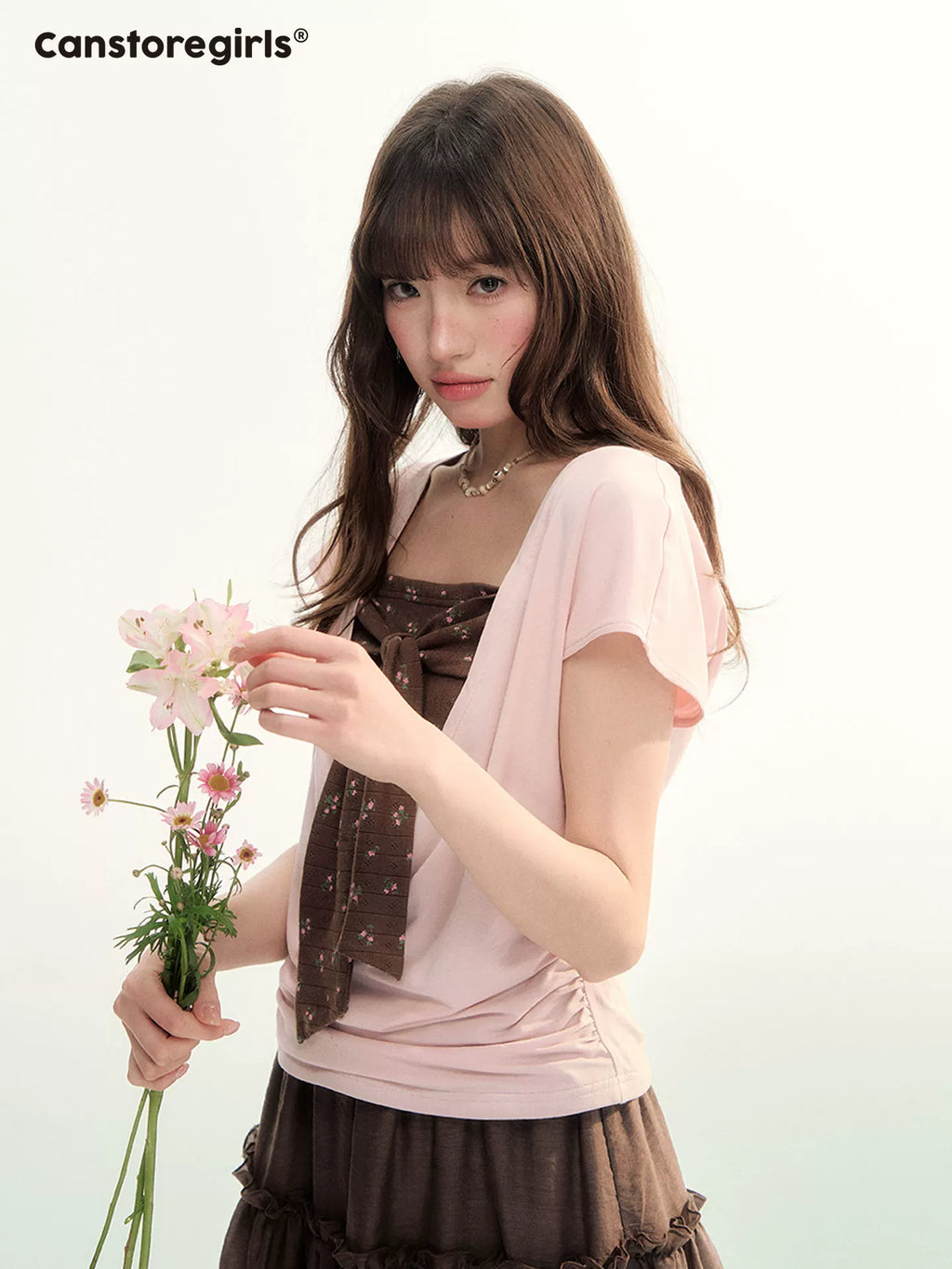 Light pink and coffee bow top & tank set
