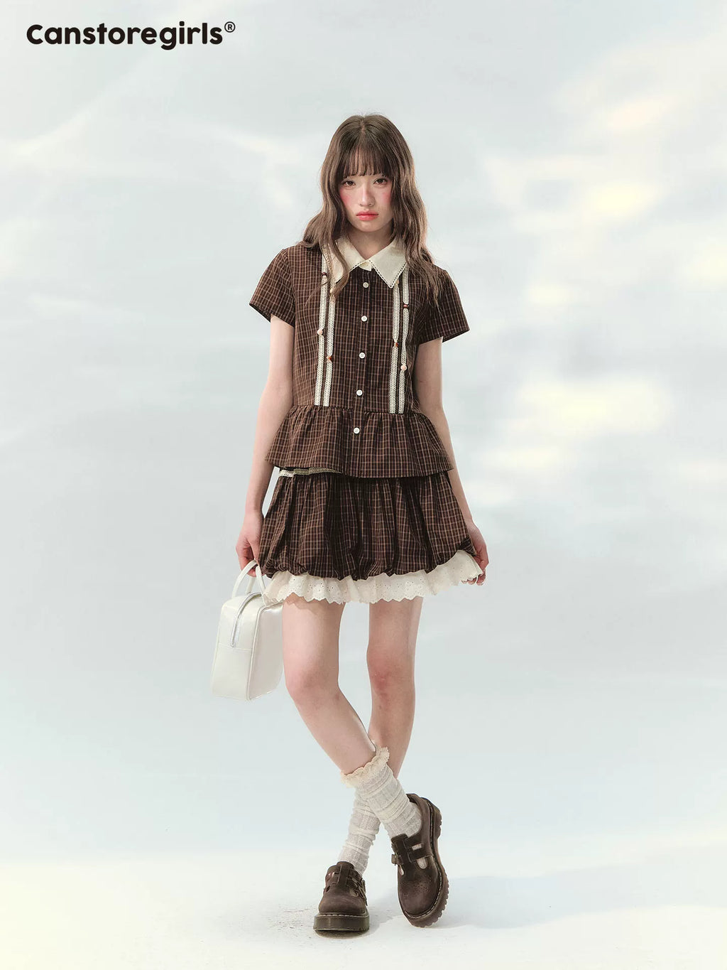 Caramel checkered top and skirt set
