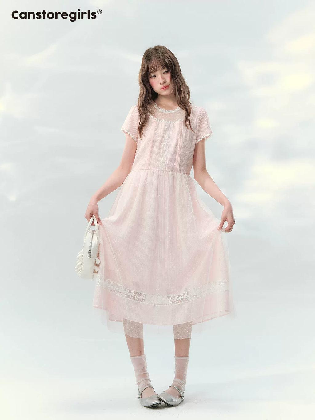 Pink polka dot lace dress with waist tie