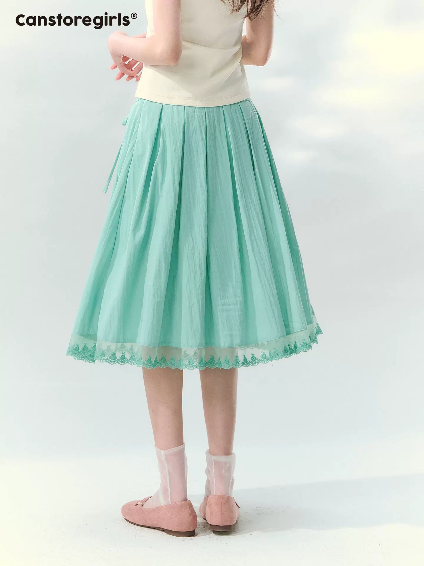Mint high waist lace trim pleated midi skirt