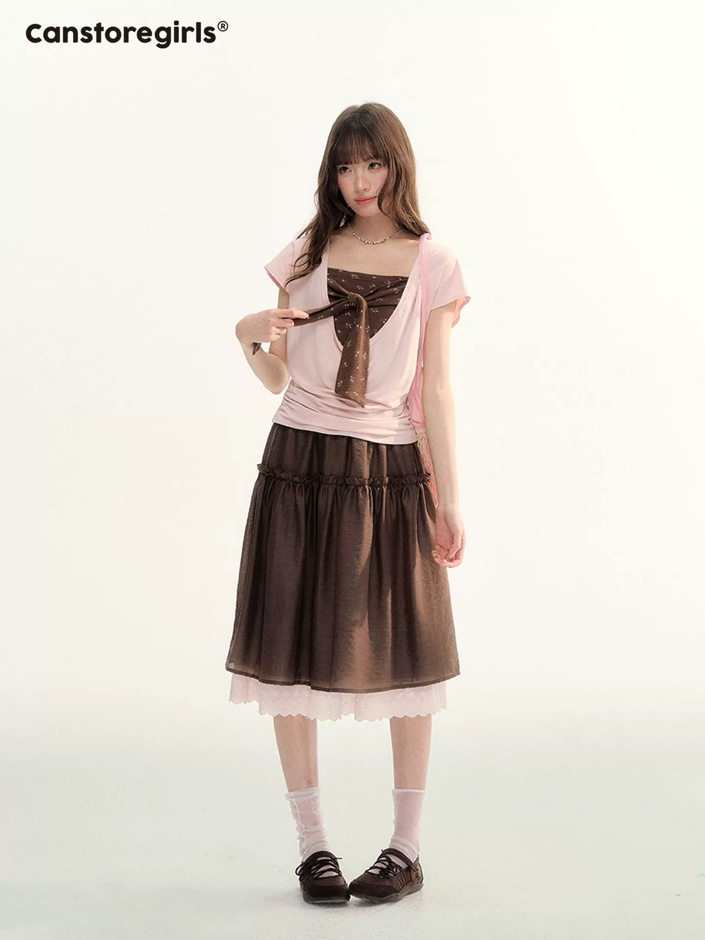 Light pink and coffee bow top & tank set