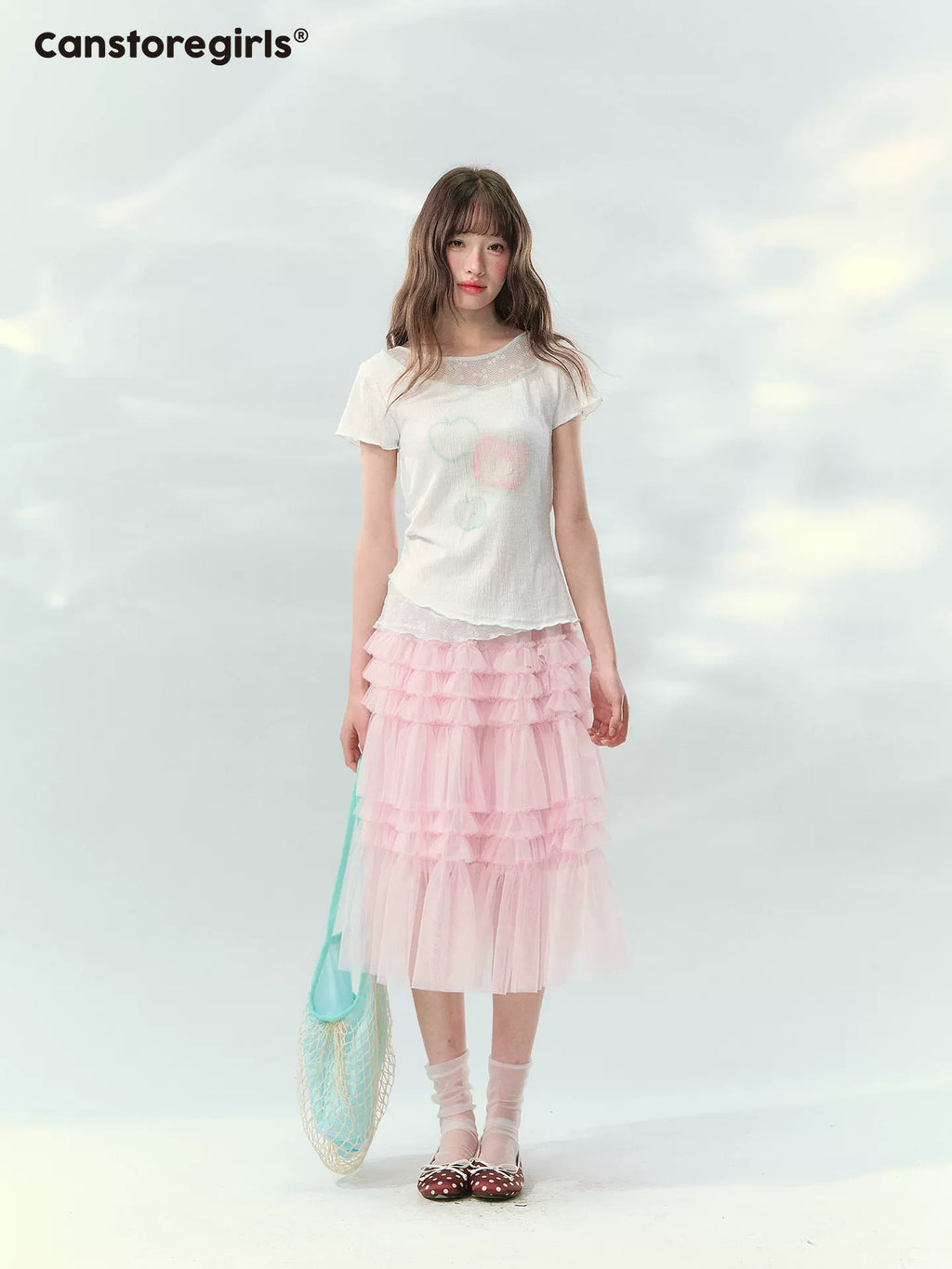 Apple print t-shirt with sheer mesh detail