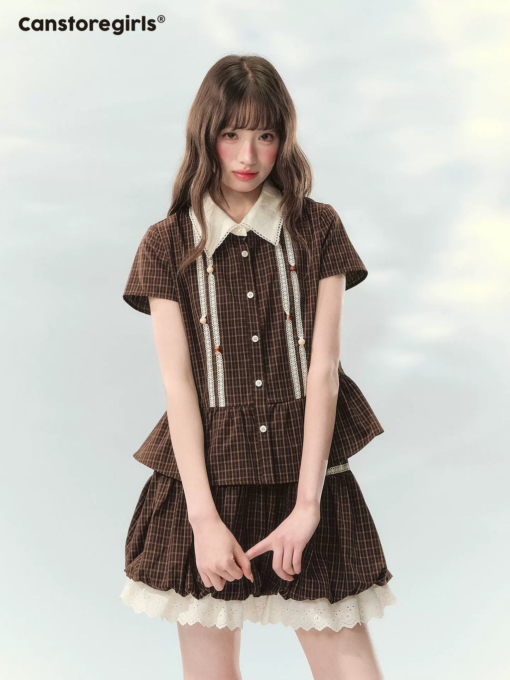 Caramel checkered top and skirt set