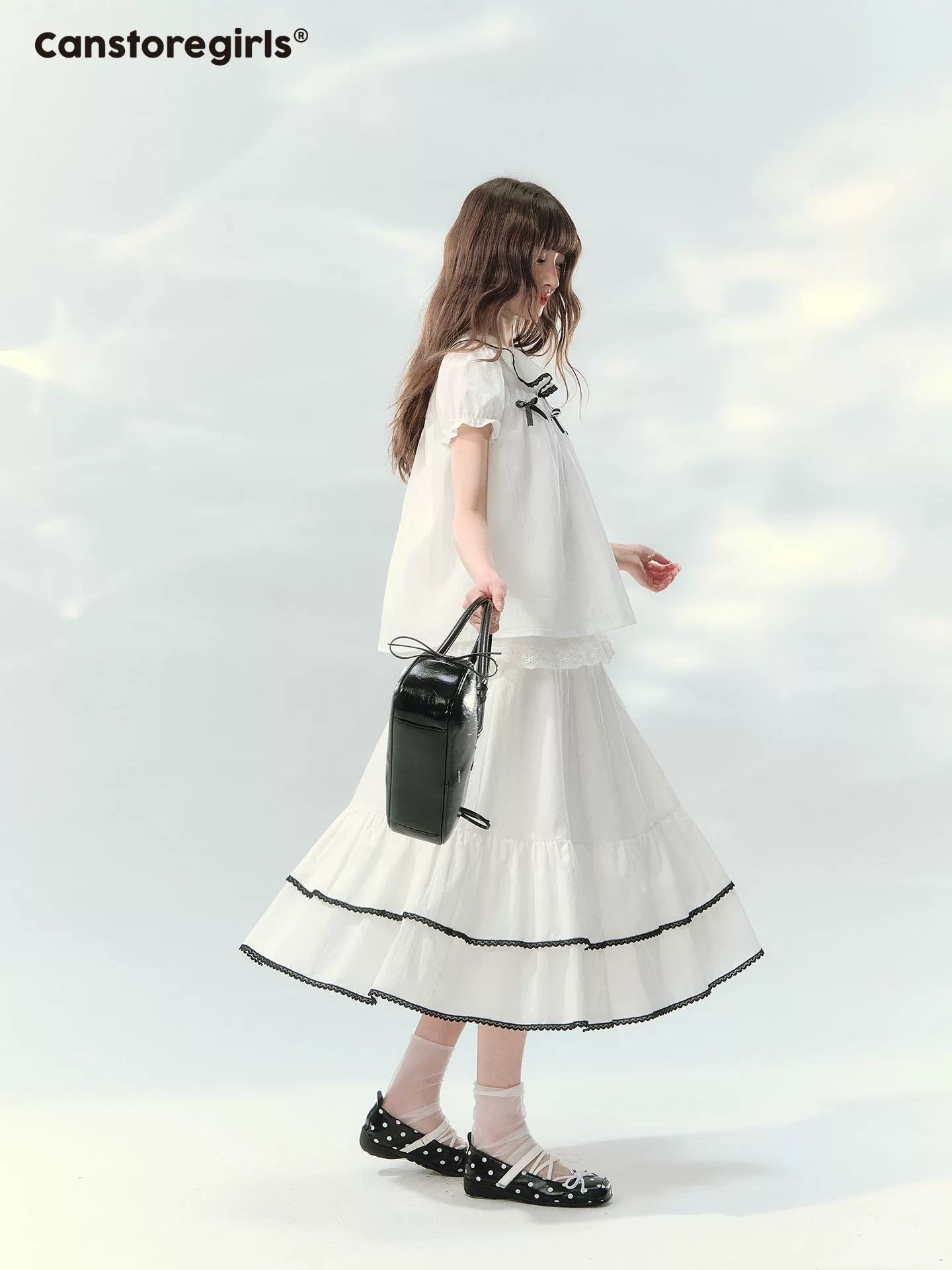 White doll top and skirt set with puff sleeves