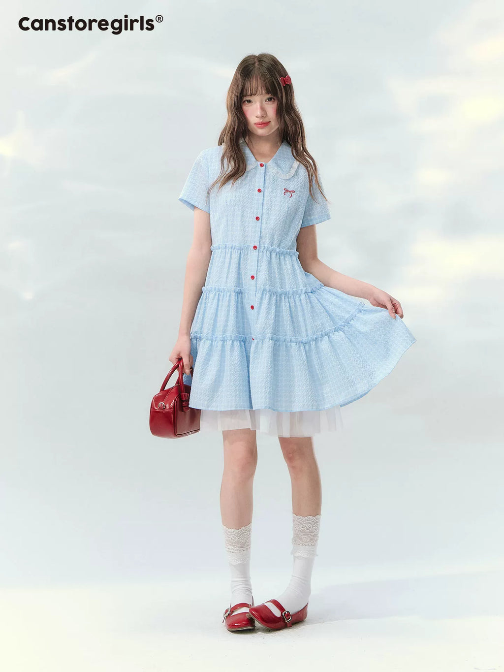 Blue checkered bow embroidered cake dress