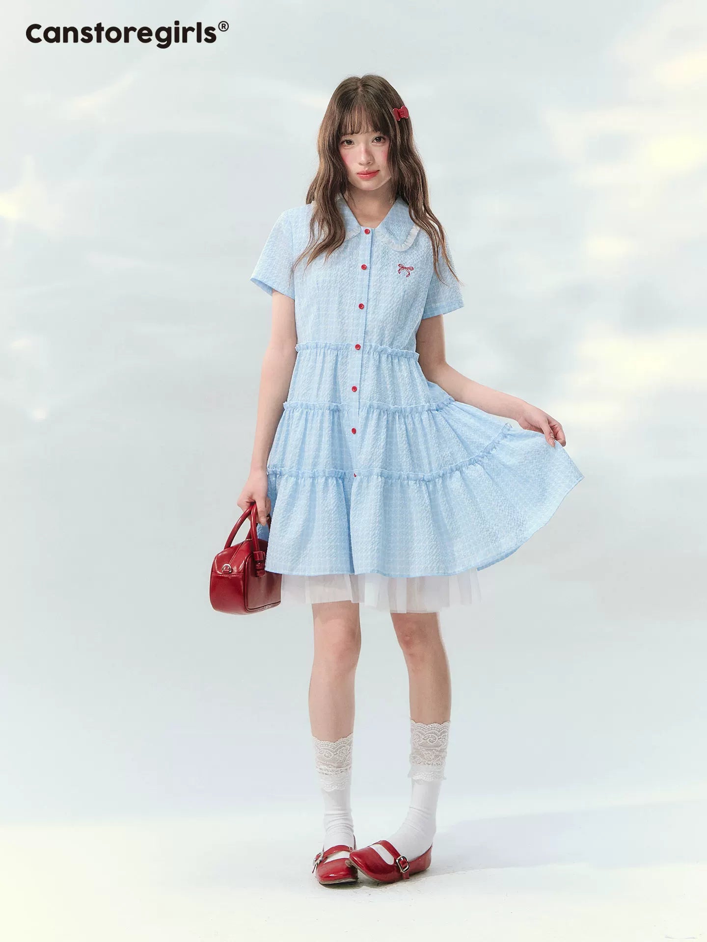 Blue checkered bow embroidered cake dress