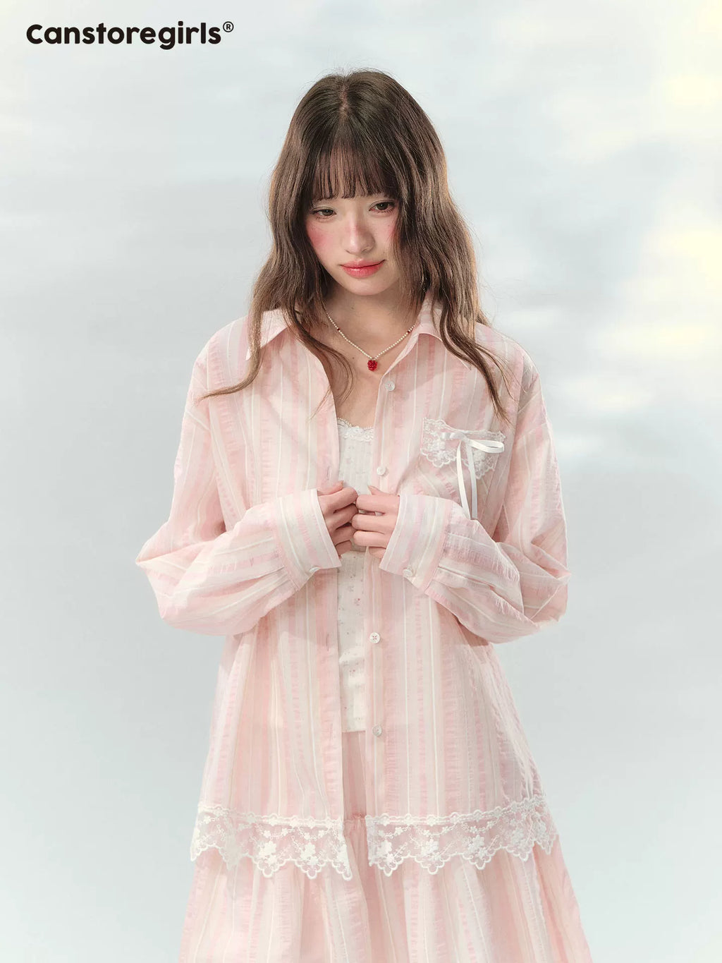 Pink striped lace trim top and skirt set