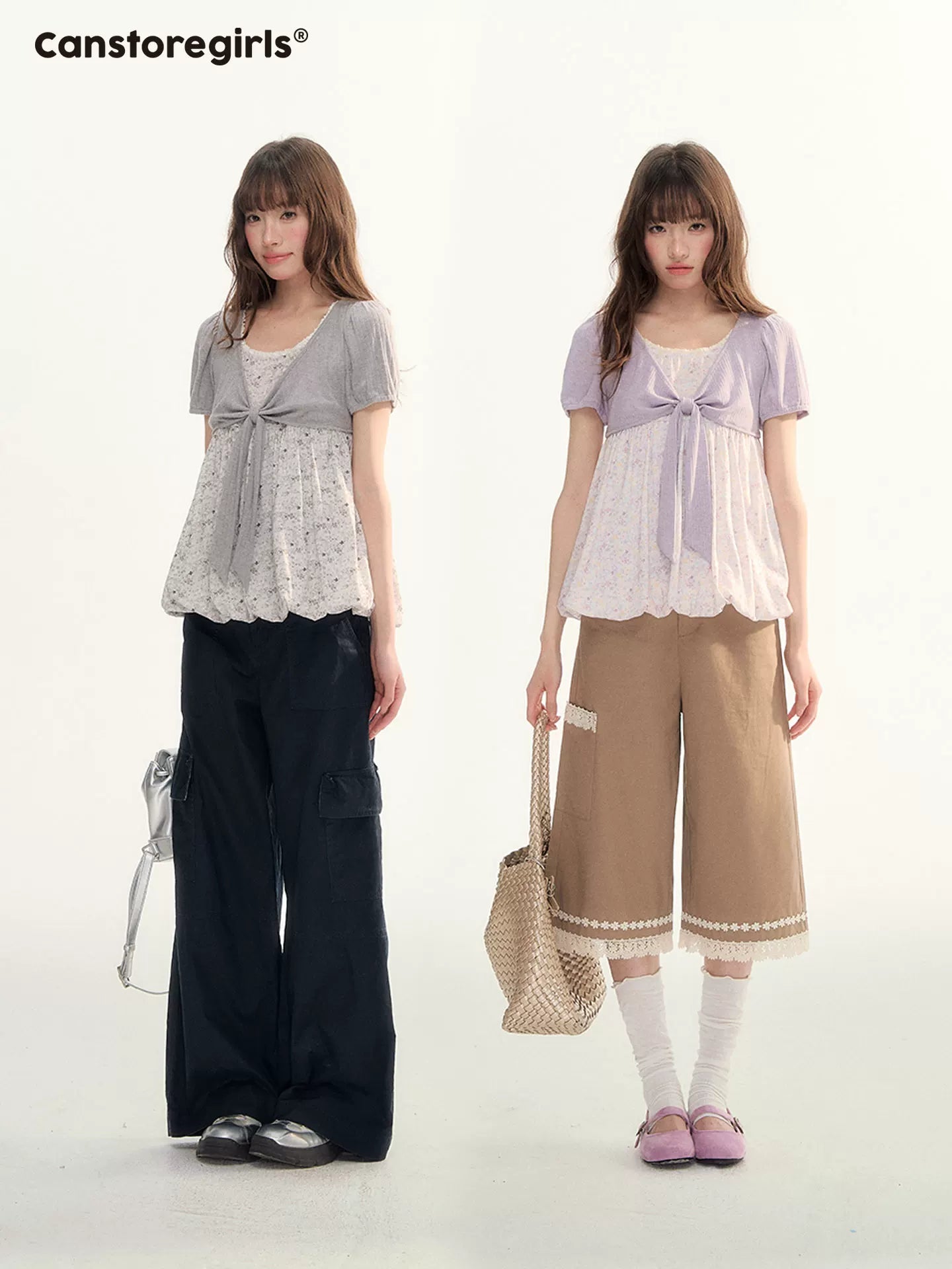 ボウタイ付き花柄パフスリーブトップス