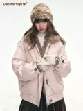 Pink winter short down jacket with horn buttons